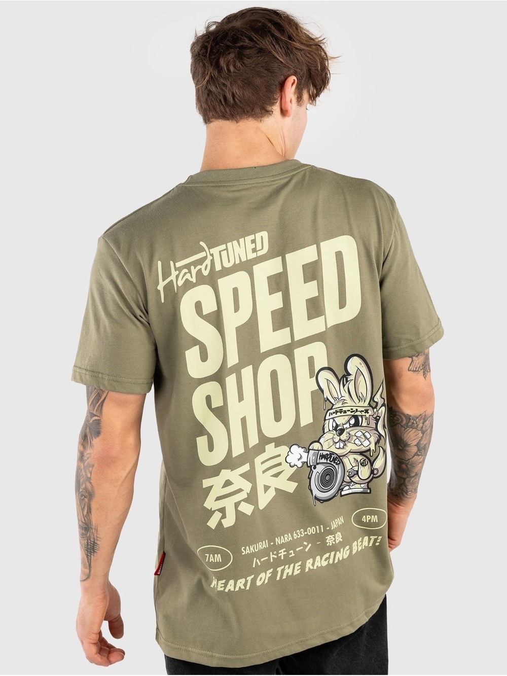 Hardtuned Speed Shop Bunny Tee Olive Green JDM Graphic Shirt Size: Large